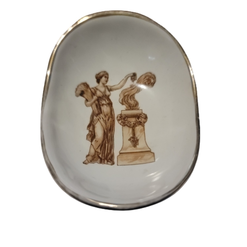 Vintage miniature plate,oval shaped,pill dish, white with gold made in Italy